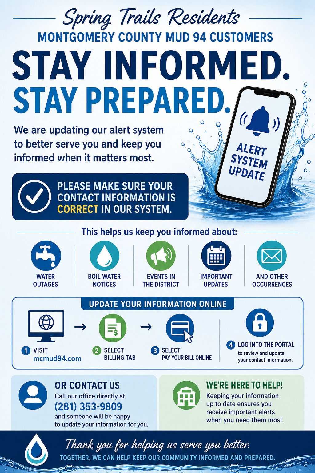 Infographic urging Montgomery County MUD 94 customers to update contact information for alerts about water outages, boil water notices, district events, and important updates.